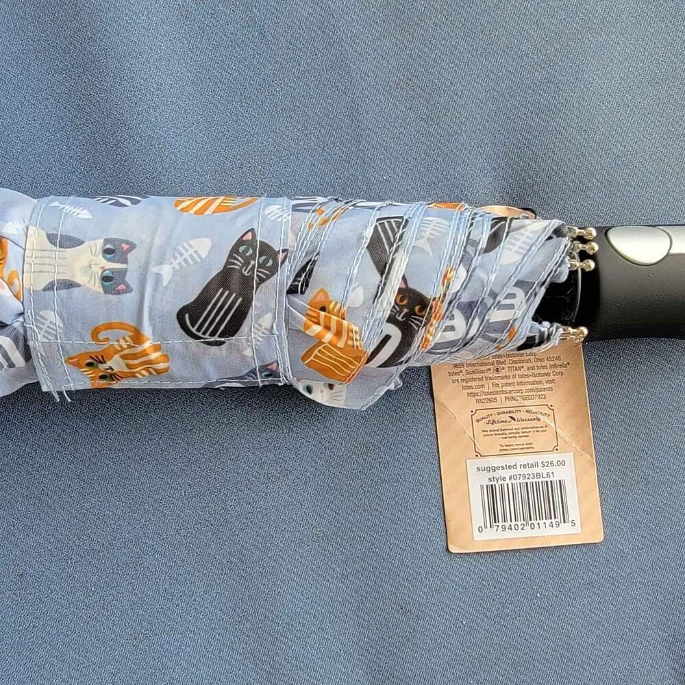 TOTES Automatic Compact Umbrella Recycled Fabric Cat Pattern- New w Tags - Picture 5 of 6
